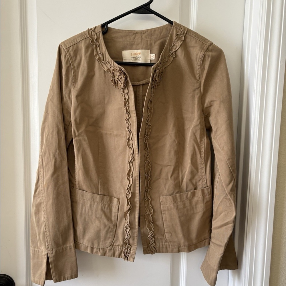 J. Crew Tan Ruffle-Trim Utility Jacket Size 4